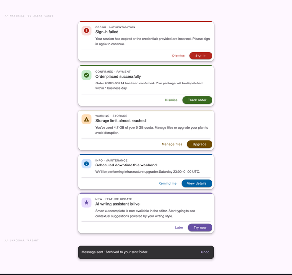 Material Design Floating Alert Card — preview