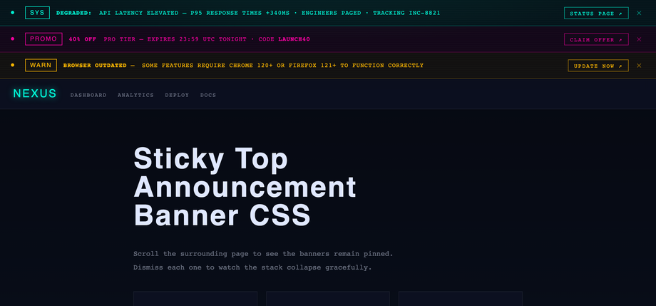 Sticky Top Announcement Banner CSS — preview