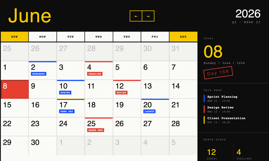 Brutalist CSS Calendar Design — preview