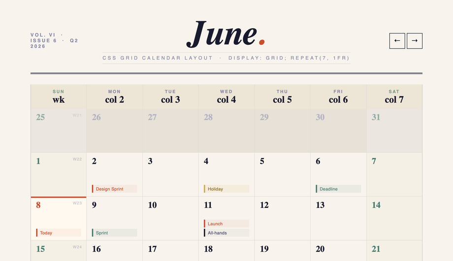 CSS Grid Calendar Layout — preview