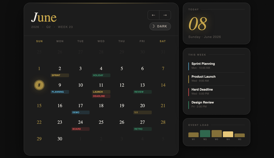 Dark Mode Calendar Design — preview