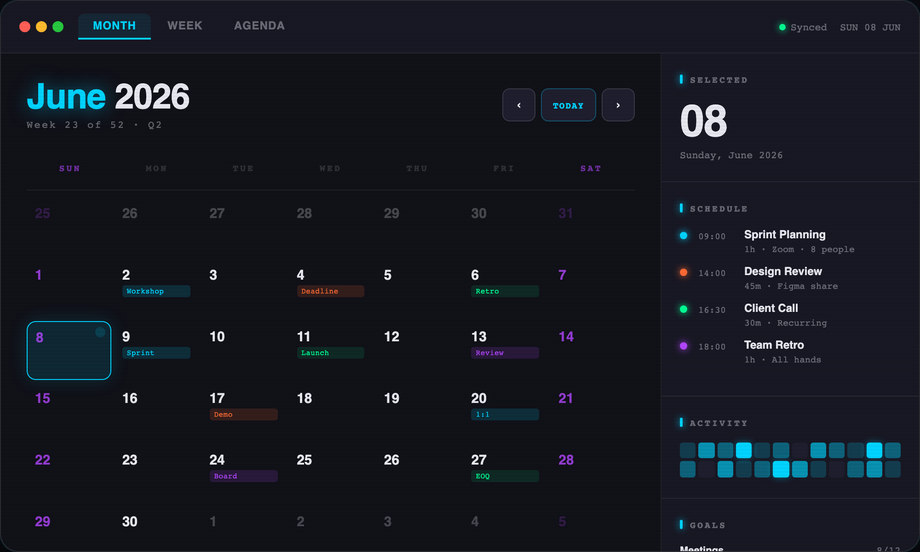Dark Mode CSS Calendar UI — preview