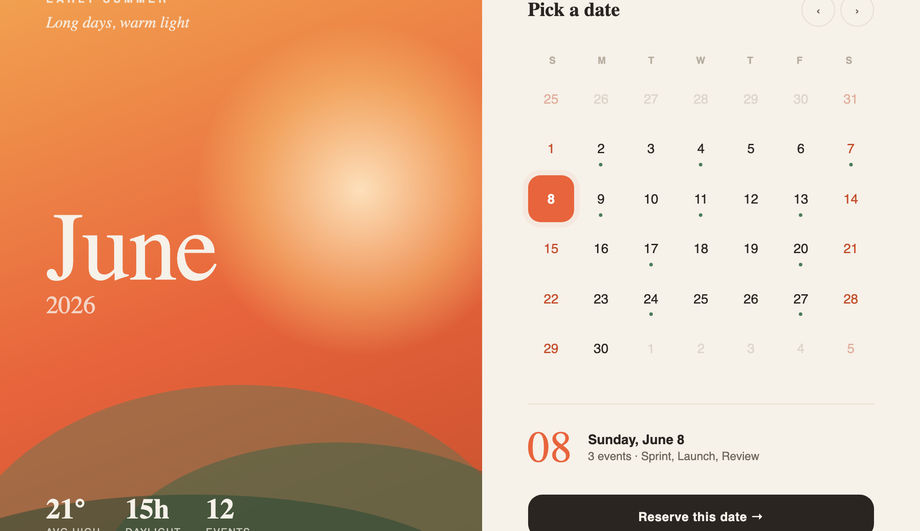 Fluid Split-Screen Hero Calendar — preview