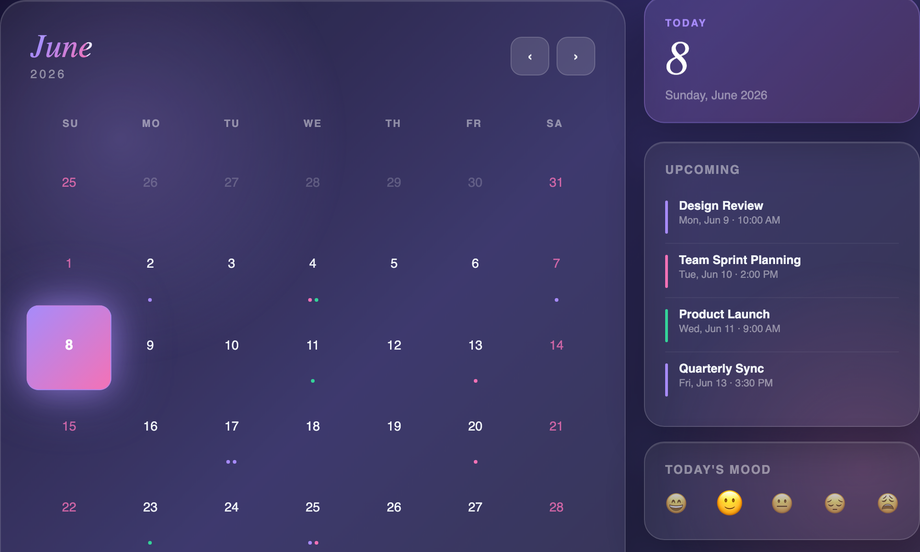 Glassmorphism CSS Calendar Widget — preview