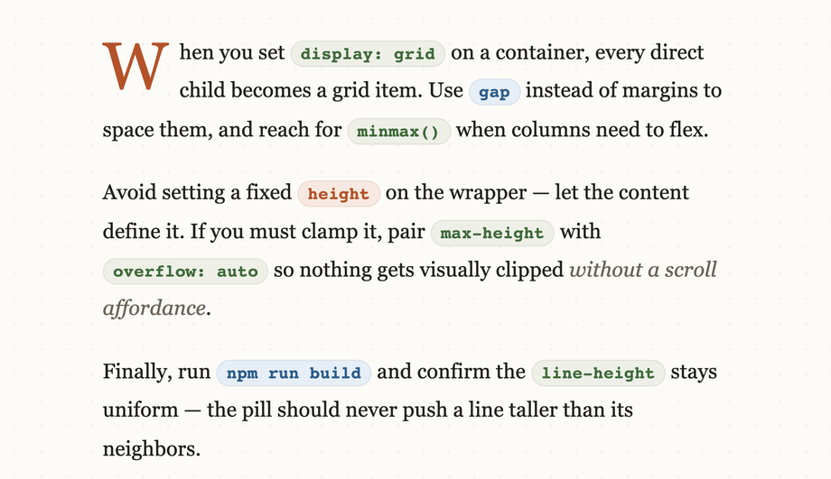 Inline Code Snippet Pill Styling — preview