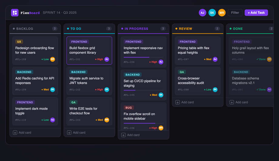 CSS Flexbox Kanban Board Layout — preview