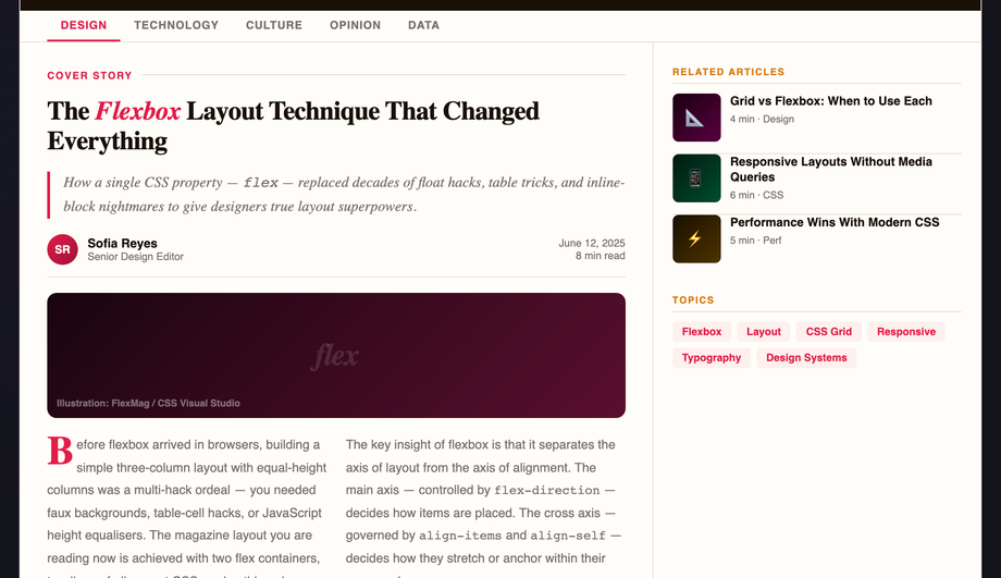 CSS Flexbox Magazine Article Layout — preview