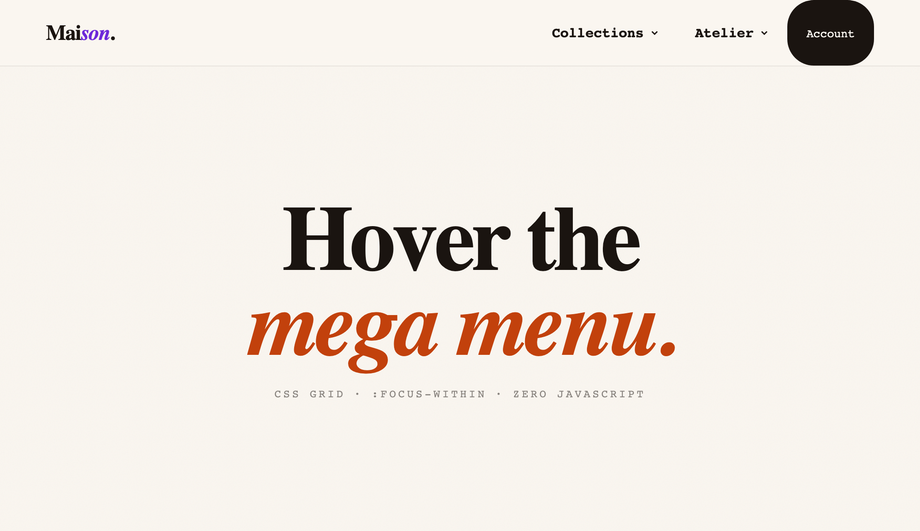 CSS Grid Mega Menu Header — preview