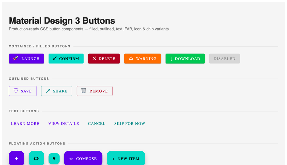 Material Design Buttons CSS — preview