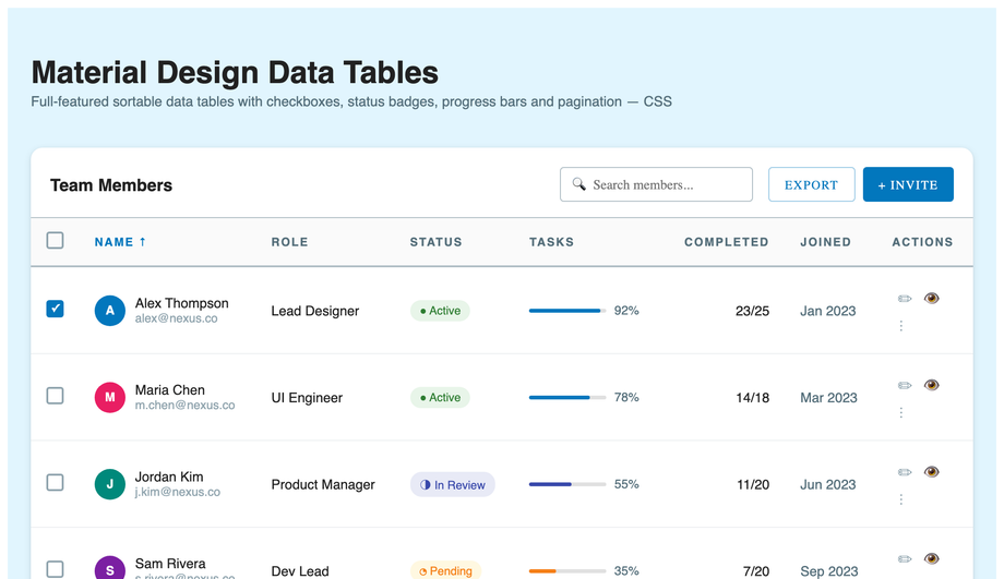 Material Design Data Table CSS — preview