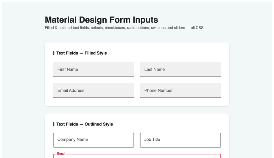 Material Design Form Inputs CSS — preview