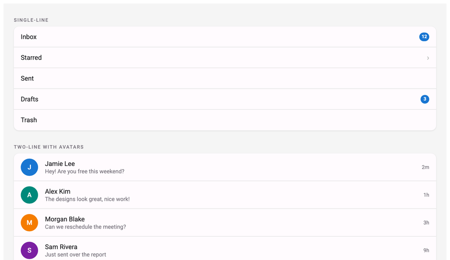 Material Design List CSS — preview
