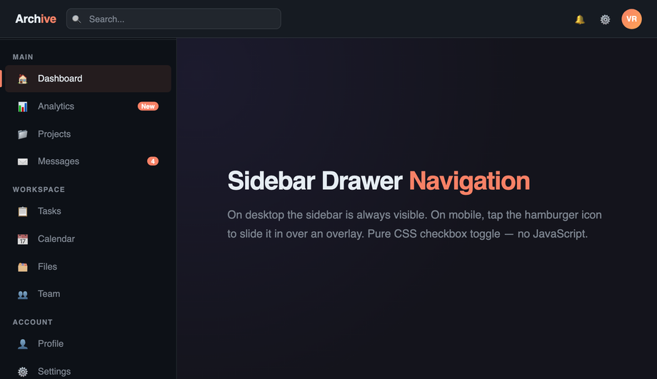 CSS Sidebar Drawer Navigation — preview