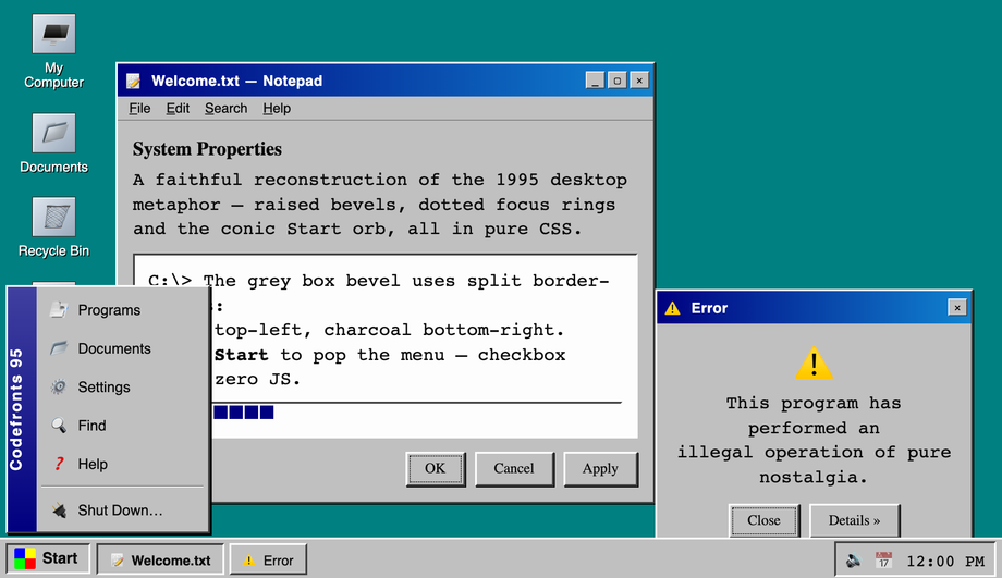 Retro Windows 95 UI (CSS Template) — preview