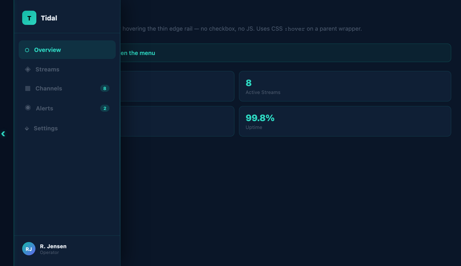 CSS Hover-Triggered Sidebar Drawer — preview