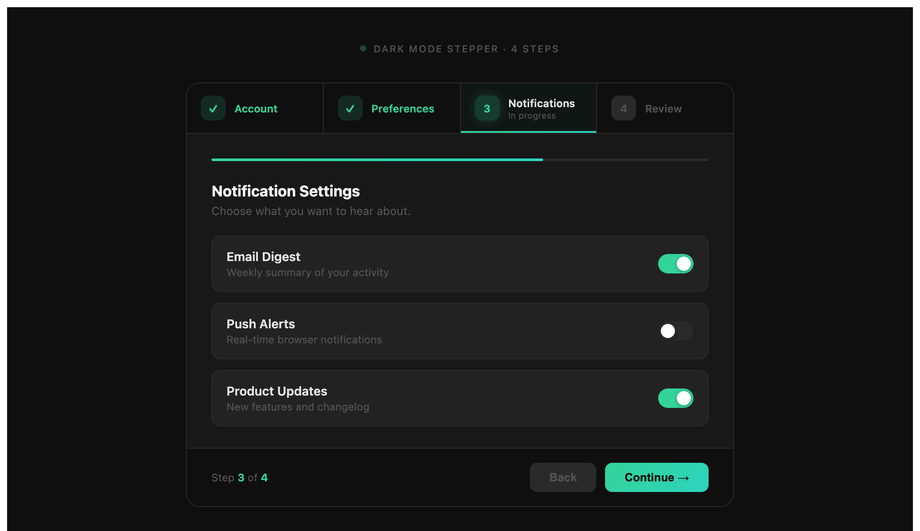 CSS Dark Mode Stepper Component — preview