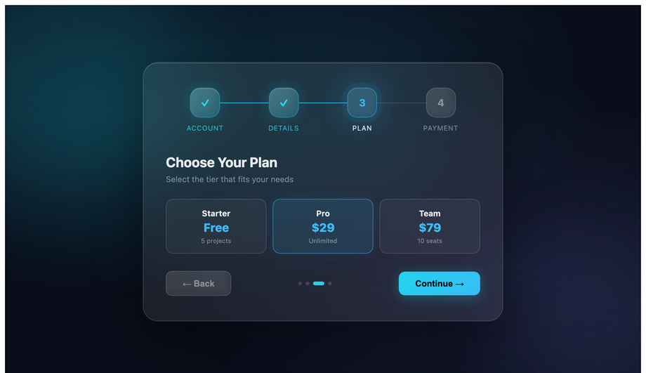 CSS Glassmorphism Stepper UI — preview