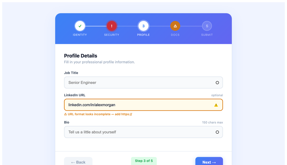 CSS Stepper With Validation States — preview